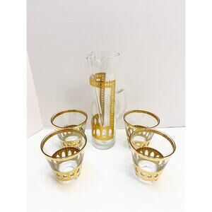 Vintage Culver LTD Antigua Pattern 22K Set of 4 Lowball Glasses & Serving Pitche